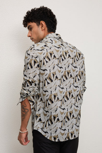 FROND- MENS FROND PREMIUM COTTON BLEND BEIGE PRINTED CASUAL SLIM FIT SHIRT