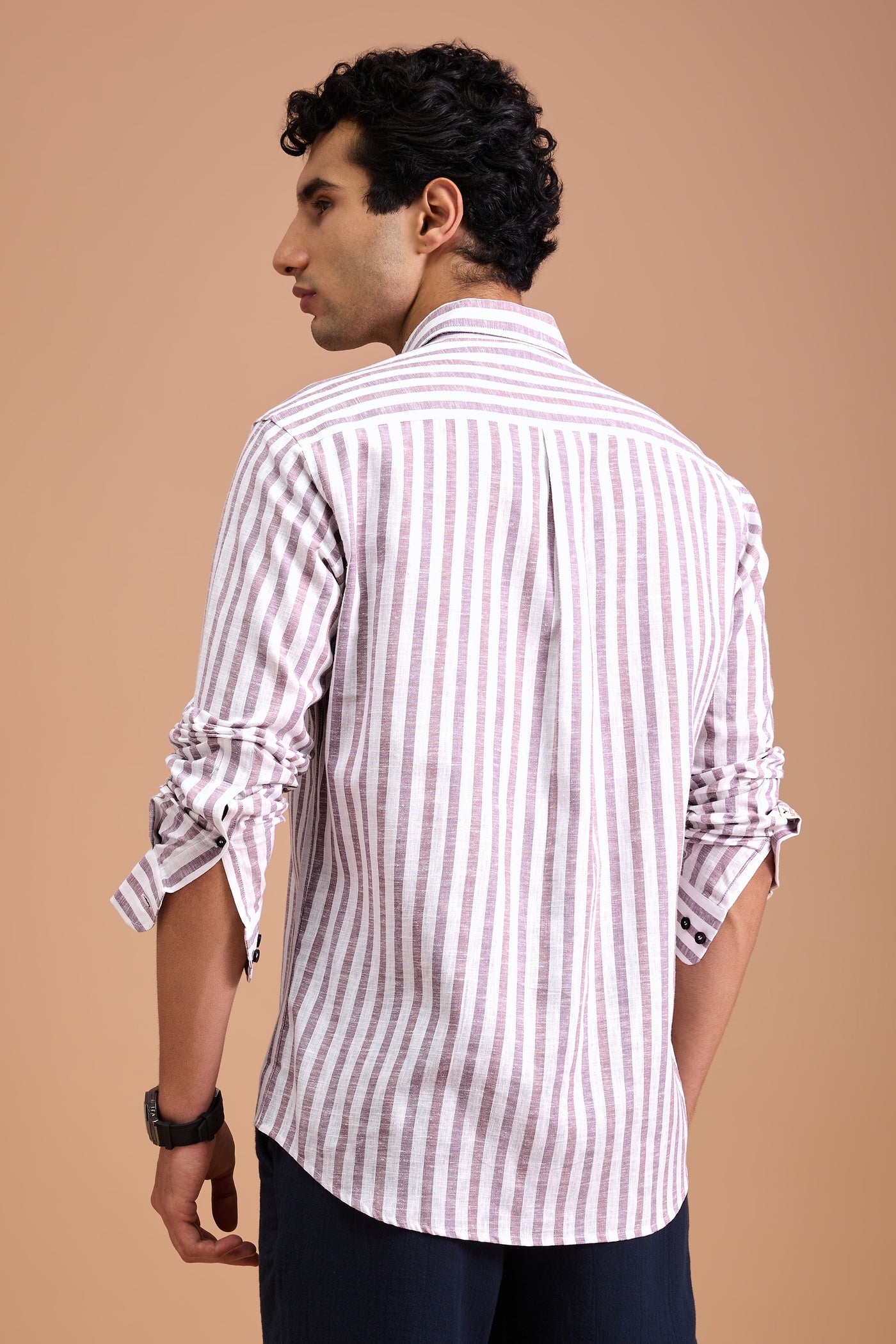 TEO- MENS PREMIUM COTTON LINEN BLEND MAUVE STRIPED REGULAR FIT SHIRT