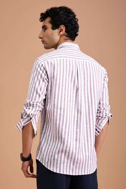 TEO- MENS PREMIUM COTTON LINEN BLEND MAUVE STRIPED REGULAR FIT SHIRT