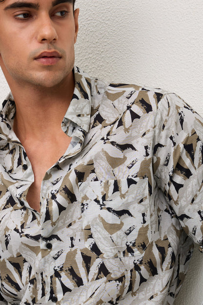 FROND- MENS FROND PREMIUM COTTON BLEND BEIGE PRINTED CASUAL SLIM FIT SHIRT