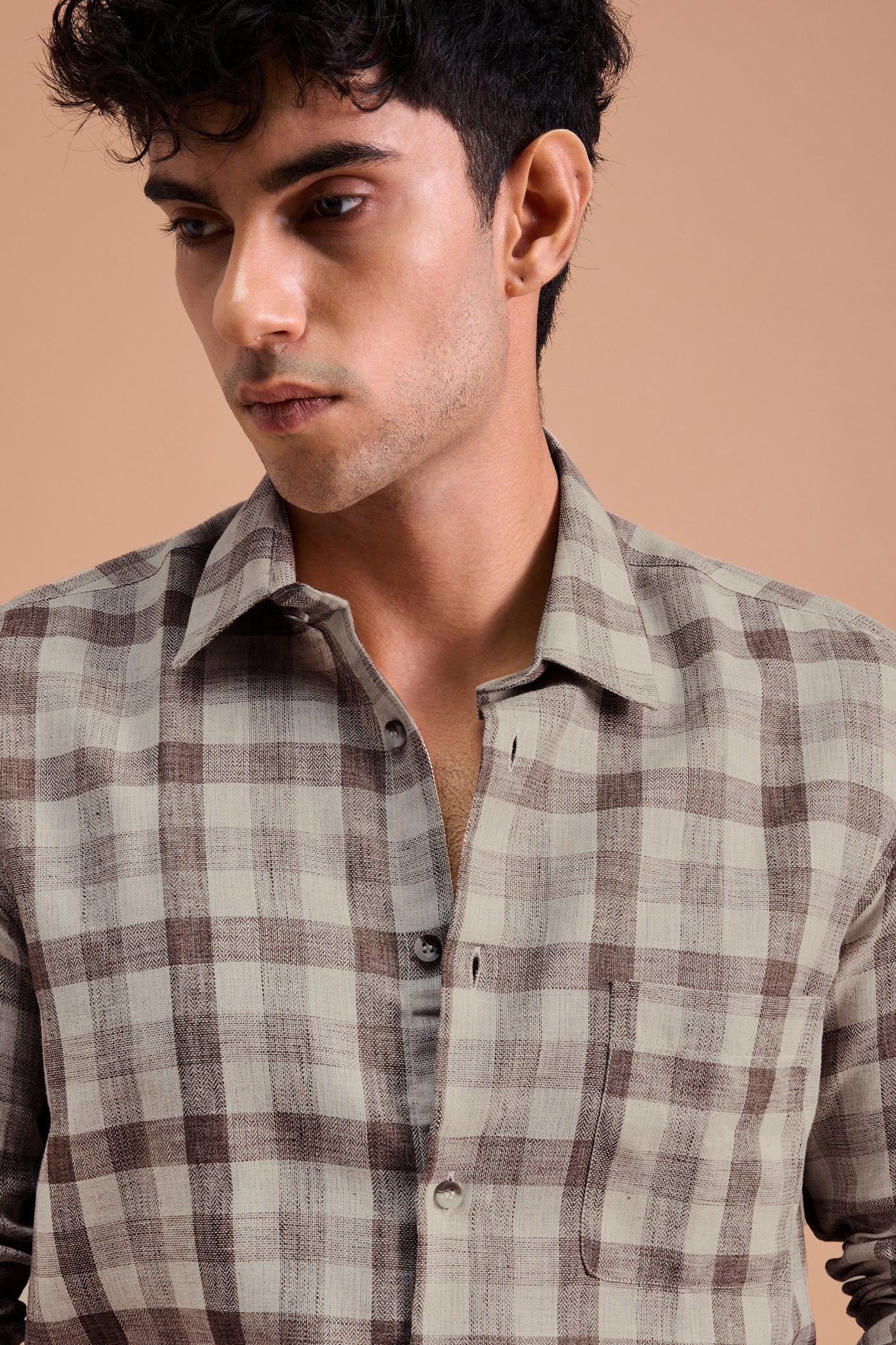 TERRANO- MENS PREMIUM COTTON BLEND BROWN CHEVRON DOBBY CHECKED REGULAR FIT SHIRT