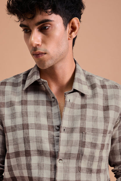 TERRANO- MENS PREMIUM COTTON BLEND BROWN CHEVRON DOBBY CHECKED REGULAR FIT SHIRT