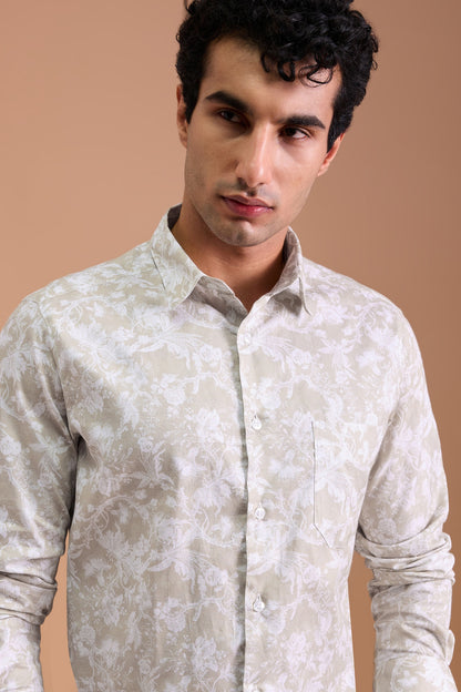 STELLAN- MENS STELLAN PREMIUM COTTON BEIGE PRINTED CASUAL SLIM FIT SHIRT