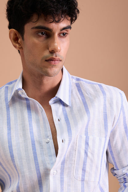BOREL- MENS PREMIUM COTTON LINEN BLEND BLUE REGULAR FIT SHIRT