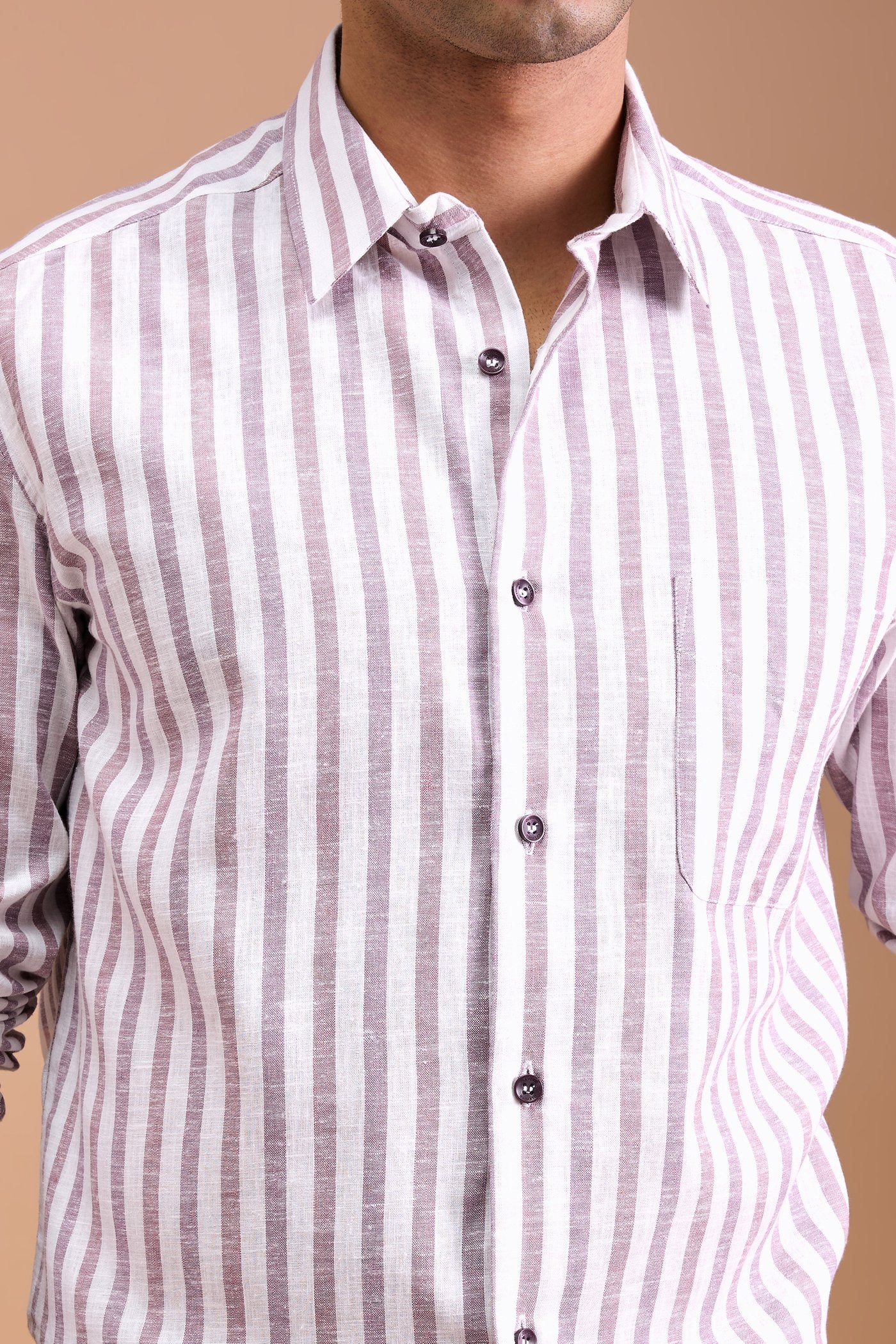 TEO- MENS PREMIUM COTTON LINEN BLEND MAUVE STRIPED REGULAR FIT SHIRT