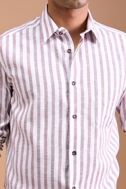 TEO- MENS PREMIUM COTTON LINEN BLEND MAUVE STRIPED REGULAR FIT SHIRT