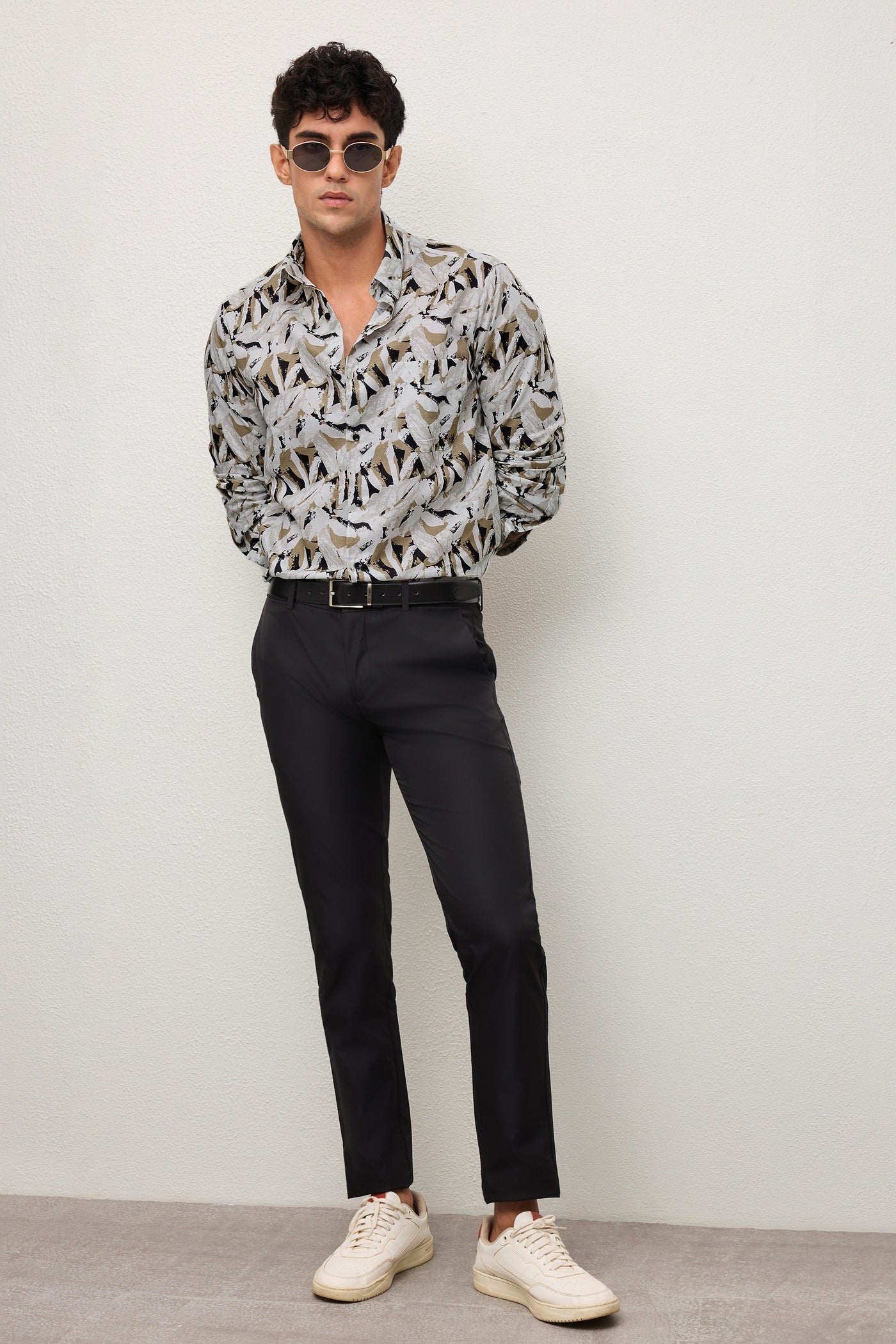 FROND- MENS FROND PREMIUM COTTON BLEND BEIGE PRINTED CASUAL SLIM FIT SHIRT