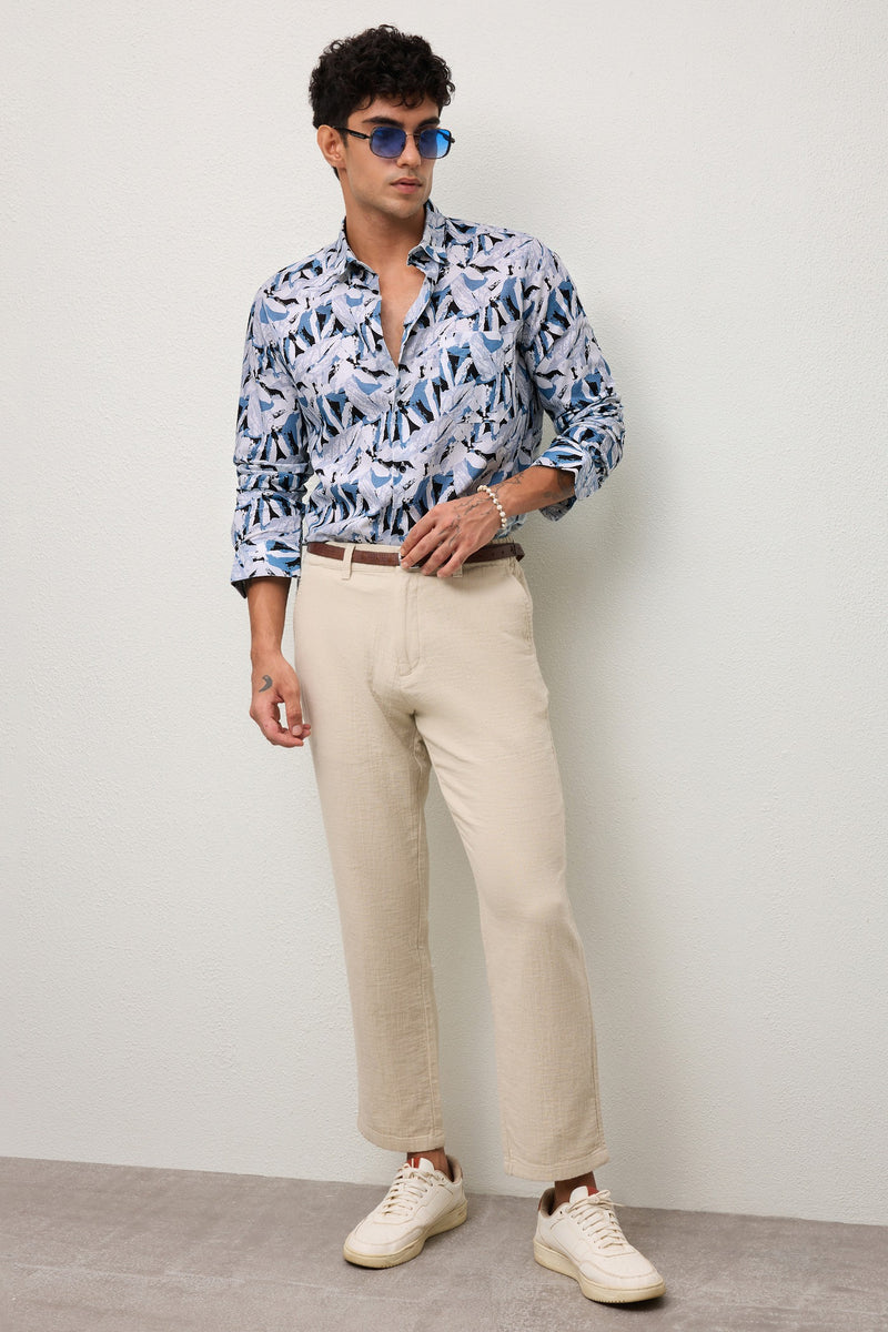 GROVE- MEN GROVE PREMIUM COTTON BLEND BLUE PRINTED CASUAL SLIM FIT SHIRT