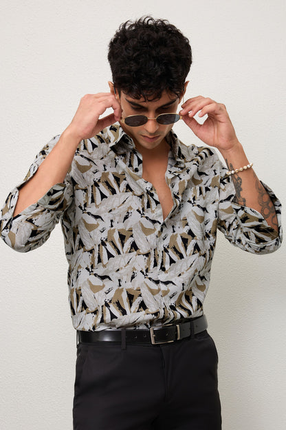 FROND- MENS FROND PREMIUM COTTON BLEND BEIGE PRINTED CASUAL SLIM FIT SHIRT