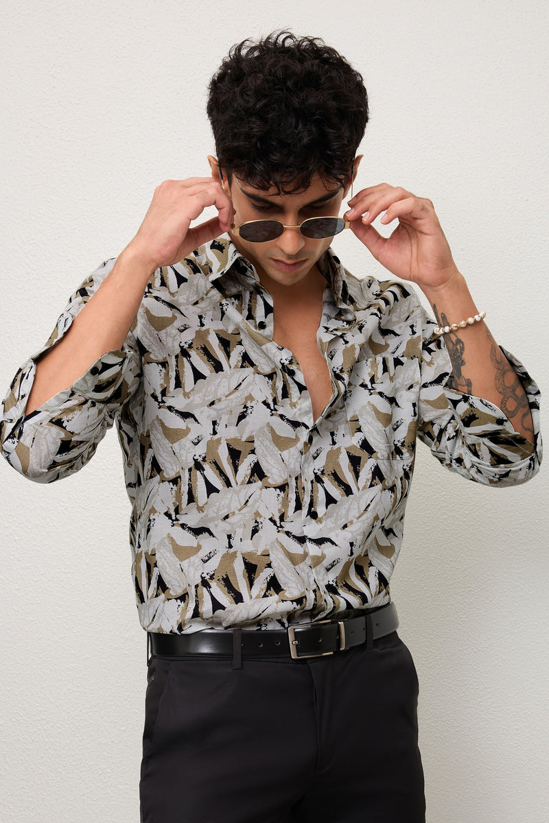 FROND- MENS FROND PREMIUM COTTON BLEND BEIGE PRINTED CASUAL SLIM FIT SHIRT