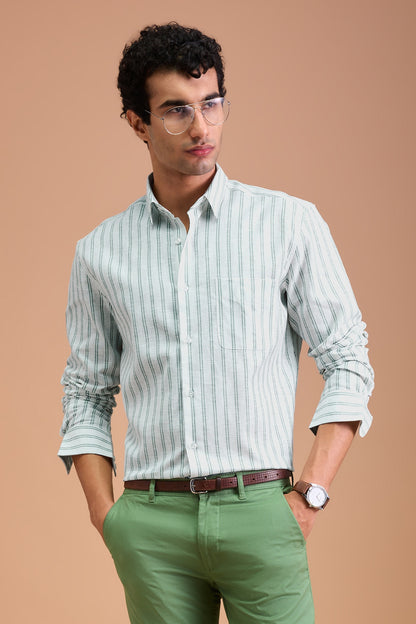 MARAISE- MENS PREMIUM COTTON LINEN BLEND GREEN STRIPED REGULAR FIT SHIRT