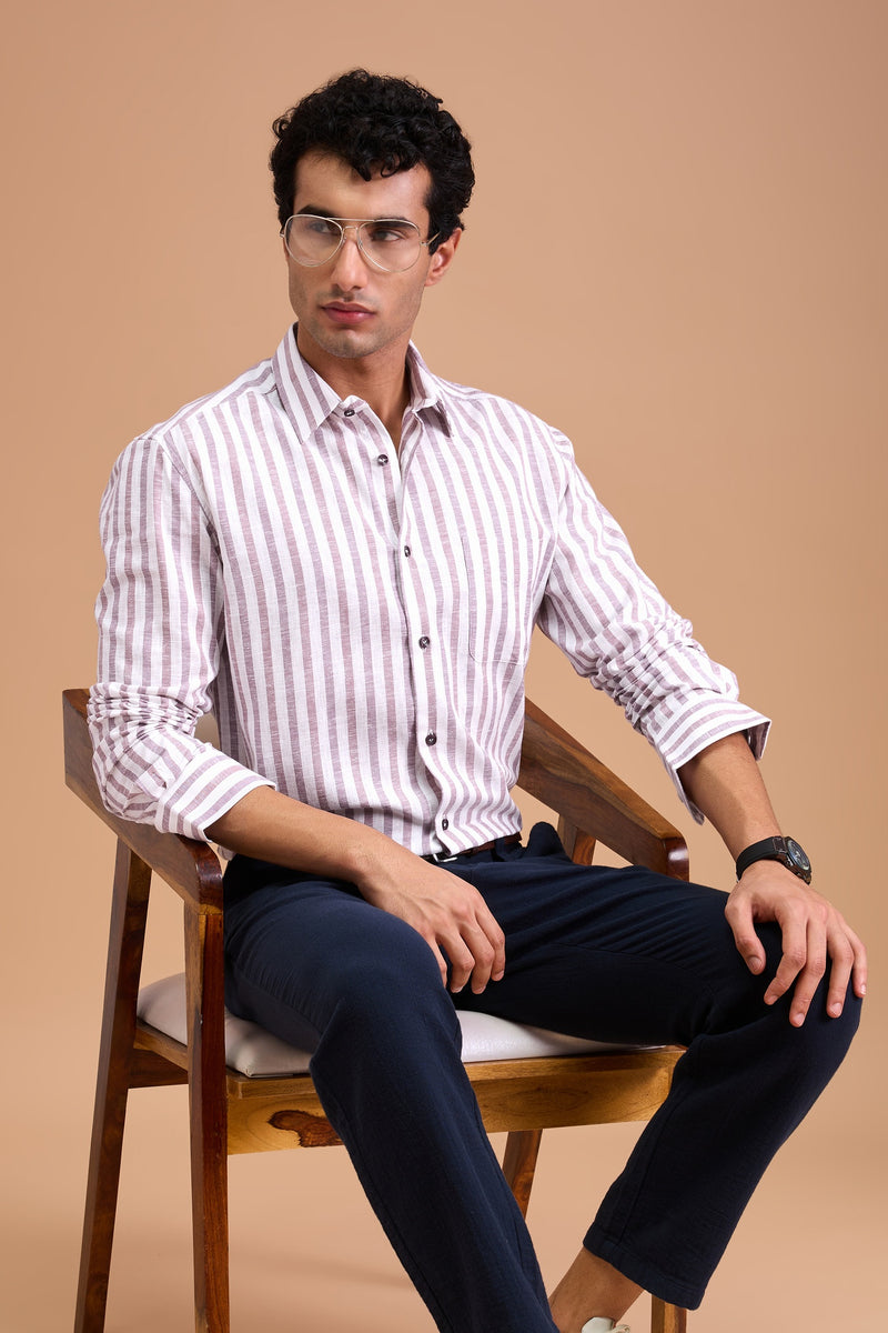 TEO- MENS PREMIUM COTTON LINEN BLEND MAUVE STRIPED REGULAR FIT SHIRT