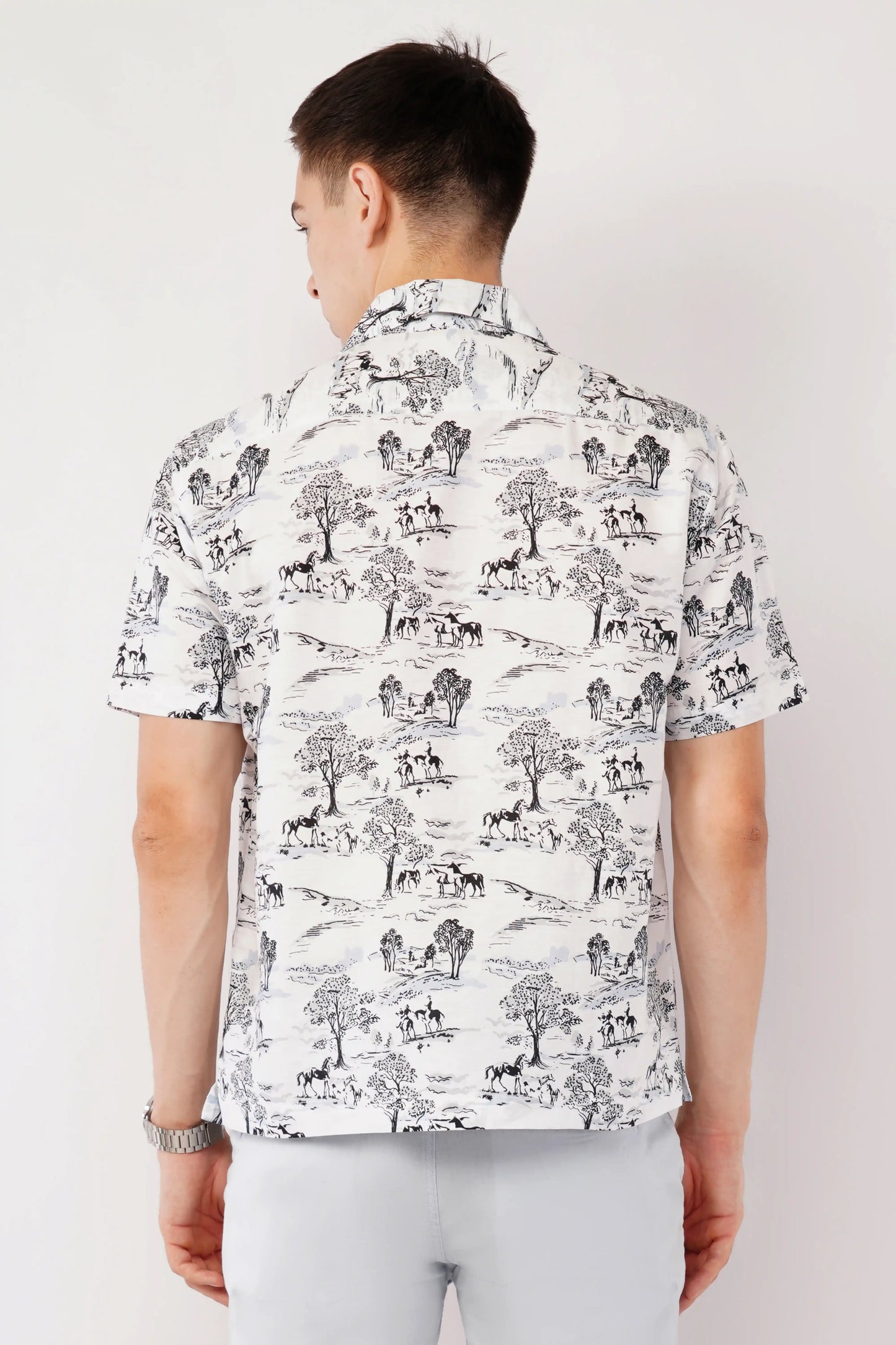 White Cuban collar relaxed fit printed shirt for men — Olevorr Kairo back view