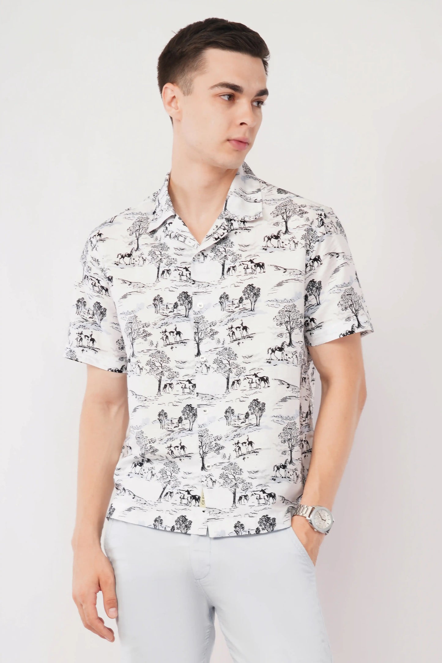 Olevorr Kairo white relaxed fit Cuban collar printed shirt — front view