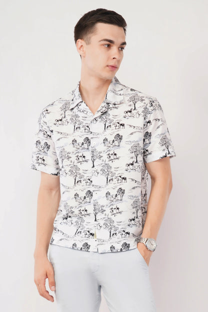 Olevorr Kairo white relaxed fit Cuban collar printed shirt — front view