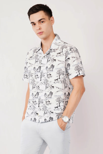 Olevorr Kairo premium white relaxed fit Cuban collar printed shirt — left view