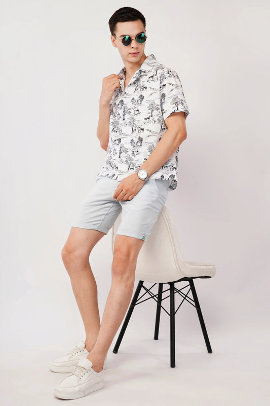 KAIRO - WHITE RELAXED FIT CUBAN COLLAR PRINTED SHIRT