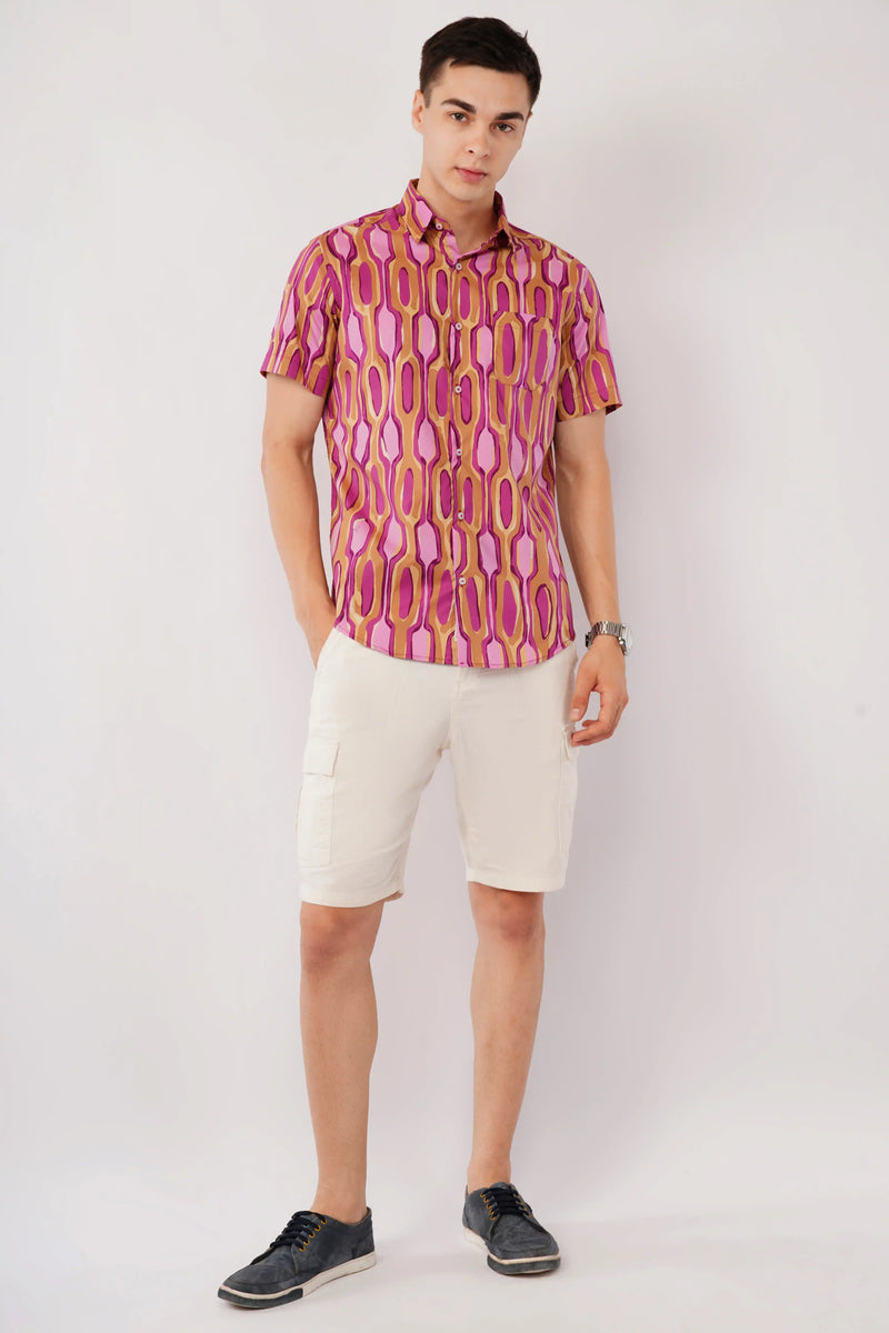 Olevorr Nuvio purple abstract print slim fit half sleeve shirt — front view