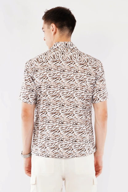 Brown relaxed fit Cuban collar printed shirt for men — Olevorr Sorrel back view