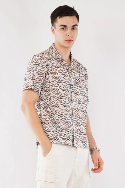 Olevorr Sorrel stylish brown Cuban collar relaxed fit printed shirt — left view