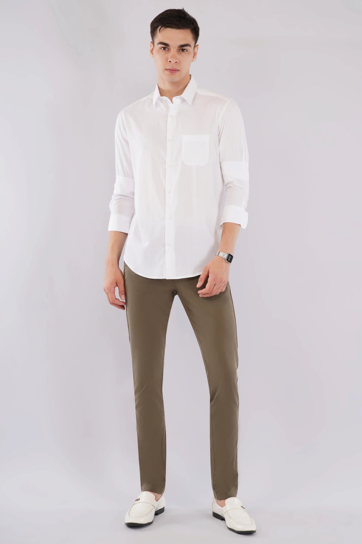 Classic slim fit men’s white striped full sleeve shirt — Olevorr Alden open