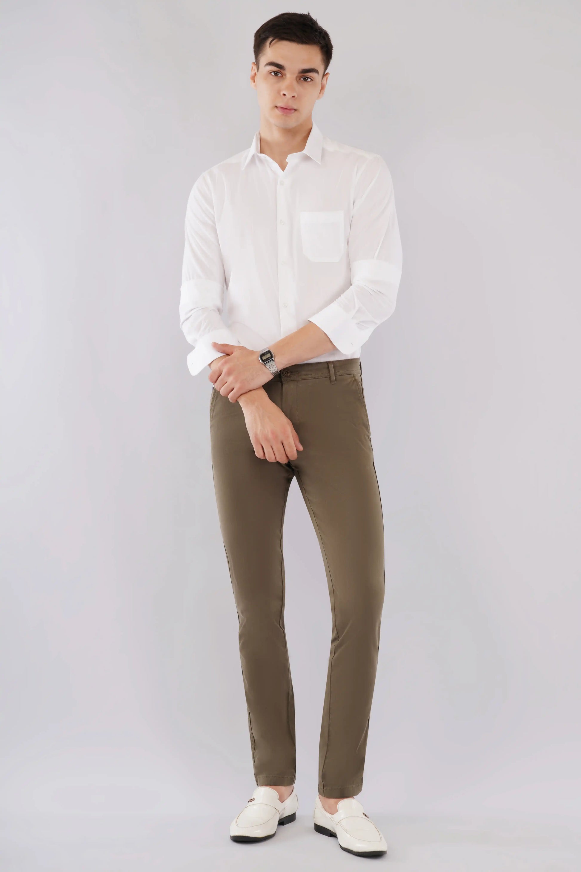 Olevorr Alden premium white striped slim fit full sleeve shirt — styled look