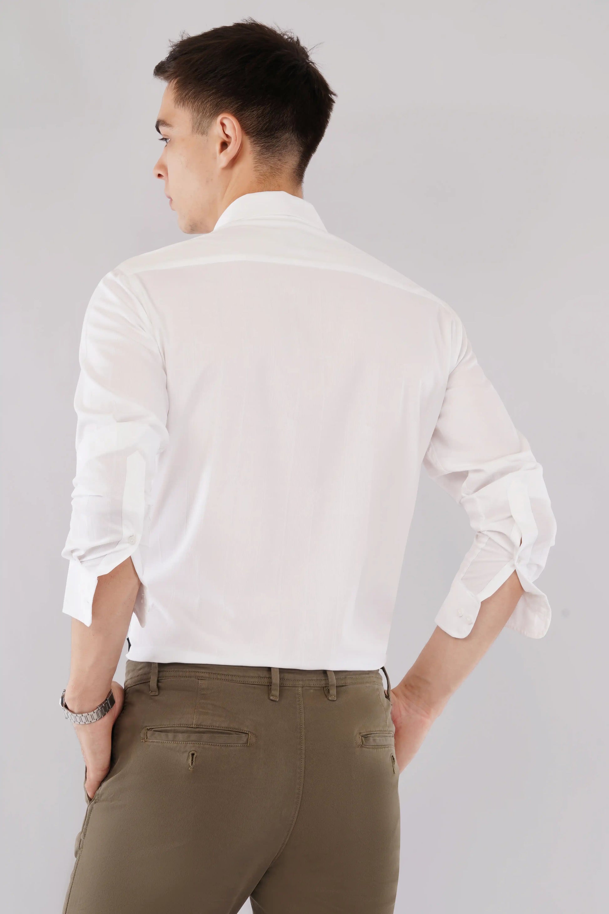 White striped slim fit full sleeve shirt for men — Olevorr Alden back view