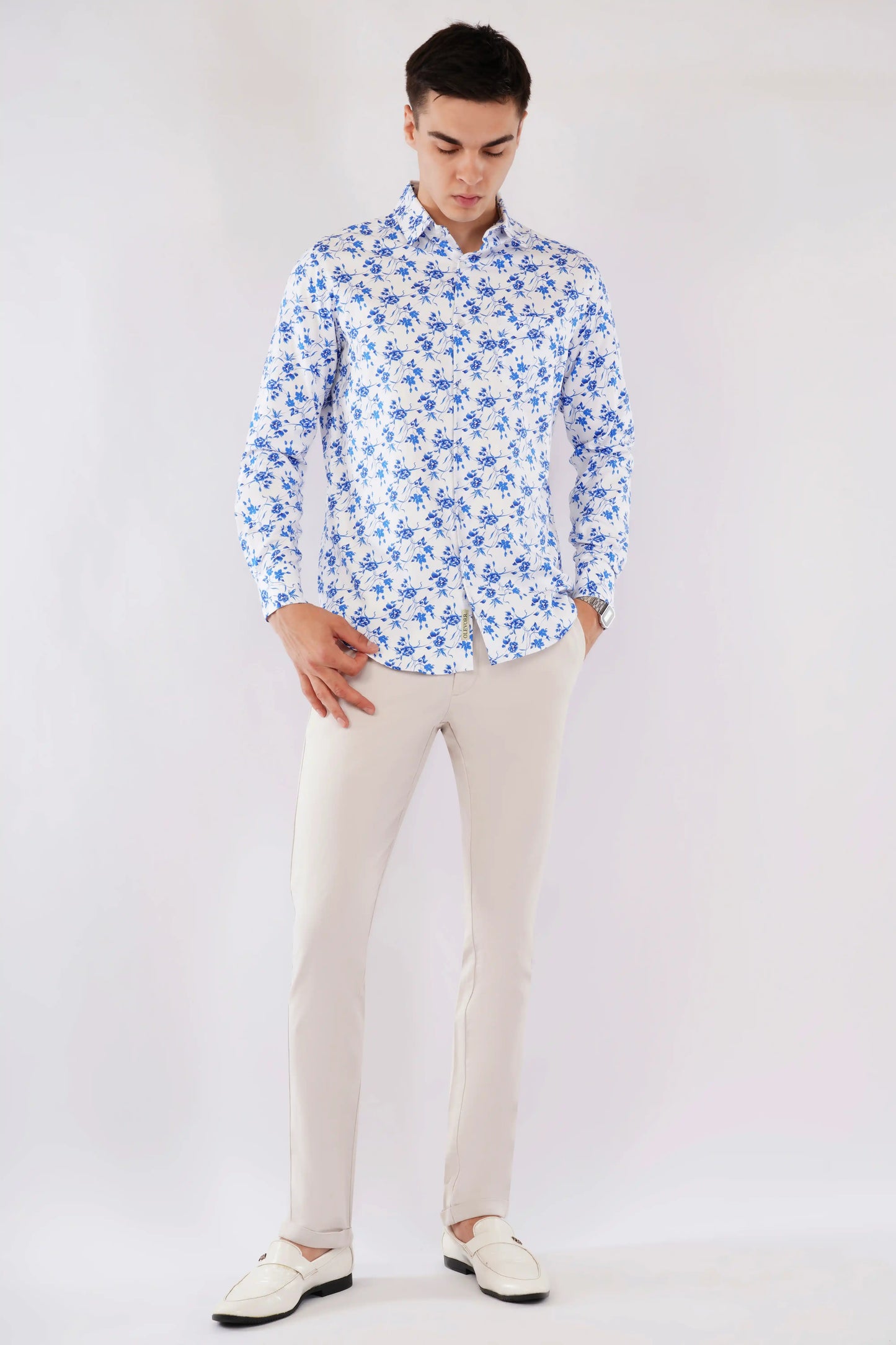 Casual slim fit men’s full sleeve blue floral printed shirt — Olevorr Aelio open