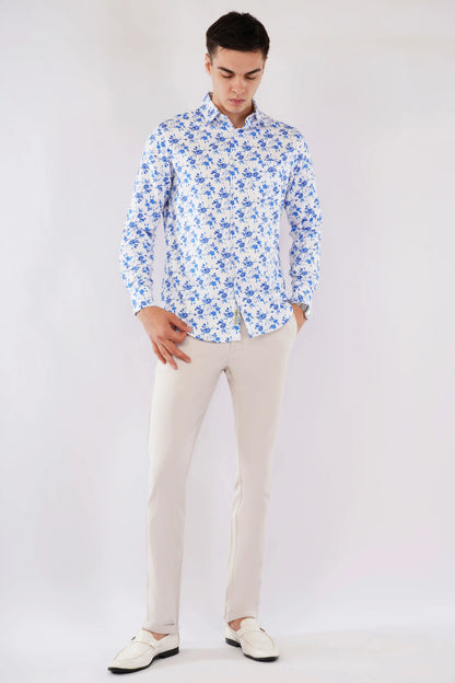 Casual slim fit men’s full sleeve blue floral printed shirt — Olevorr Aelio open