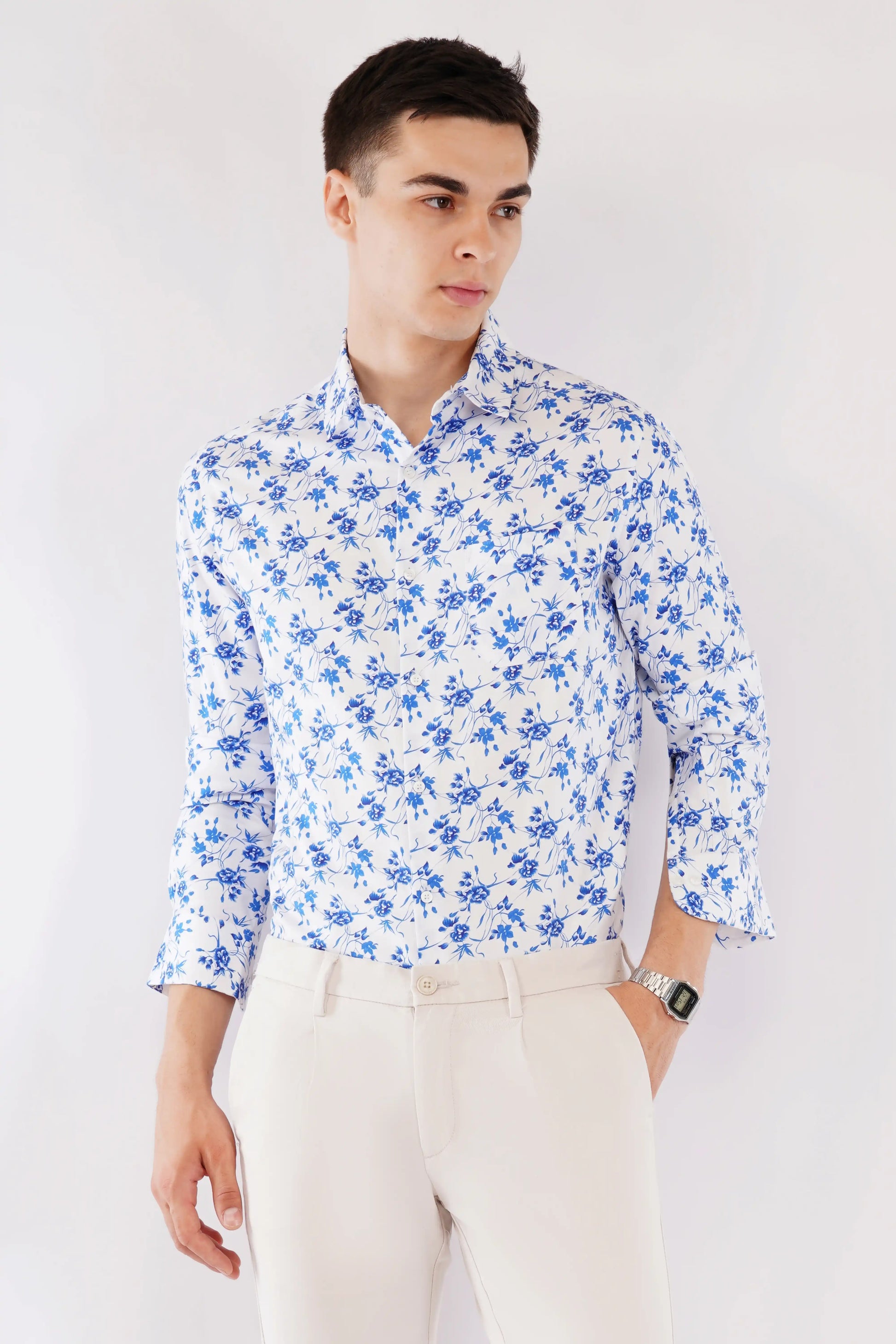Casual slim fit men’s full sleeve blue floral printed shirt — Olevorr Aelio