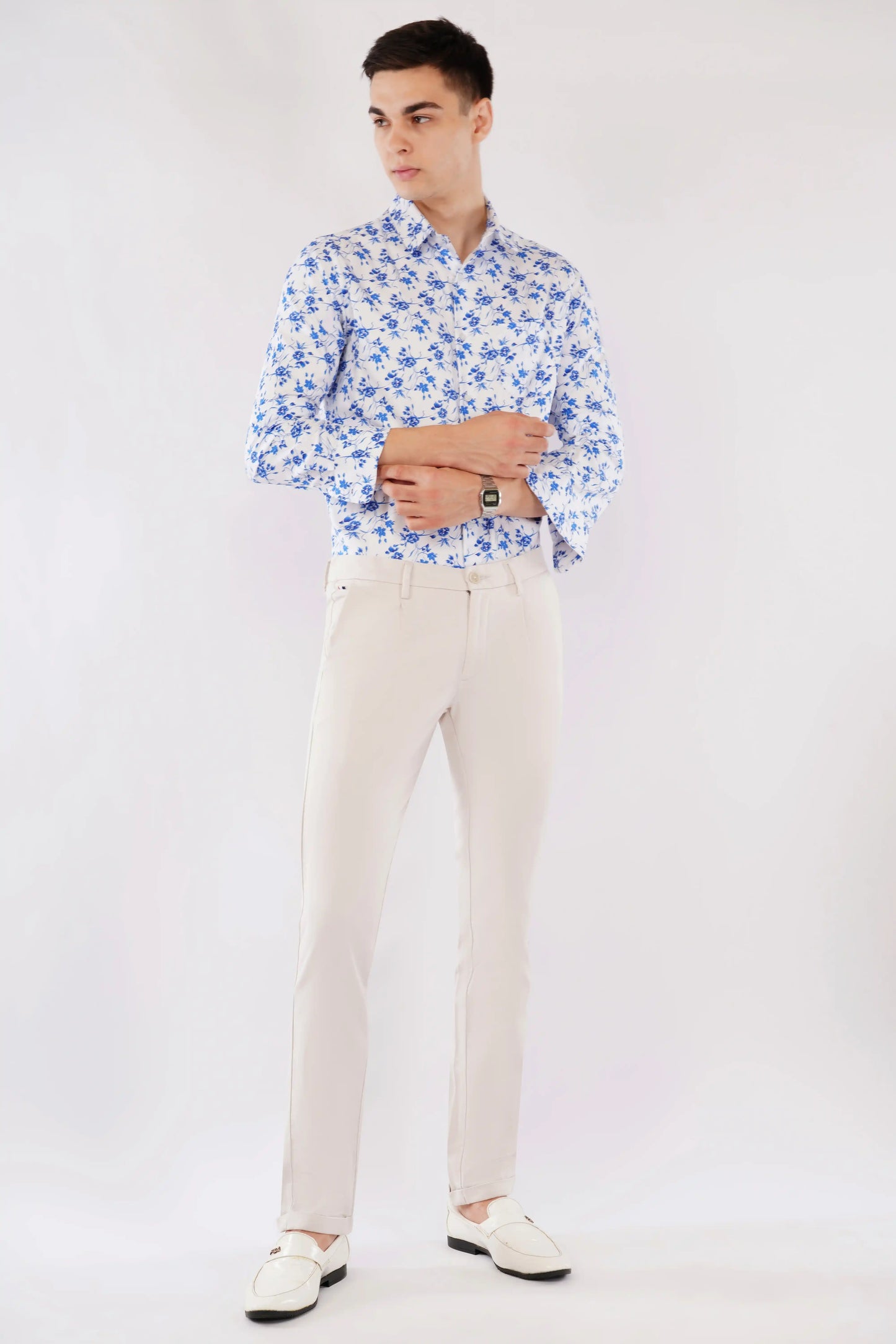 Olevorr Aelio premium blue floral printed slim fit full sleeve shirt — styled look