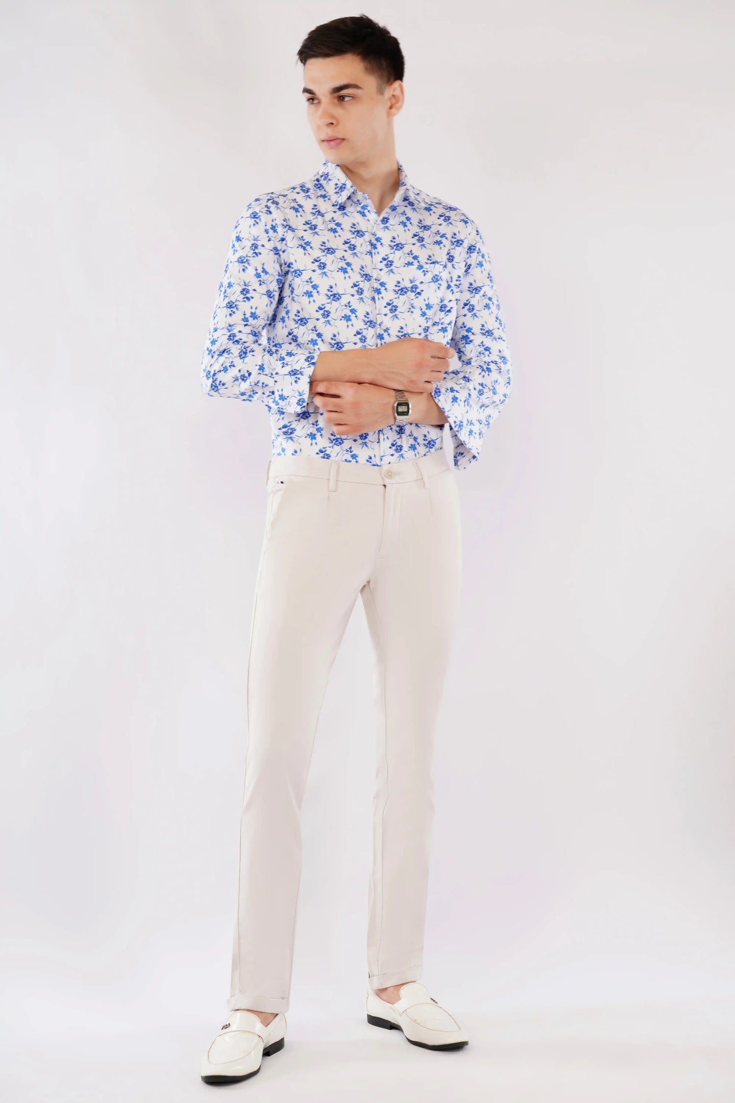 Olevorr Aelio premium blue floral printed slim fit full sleeve shirt — styled look