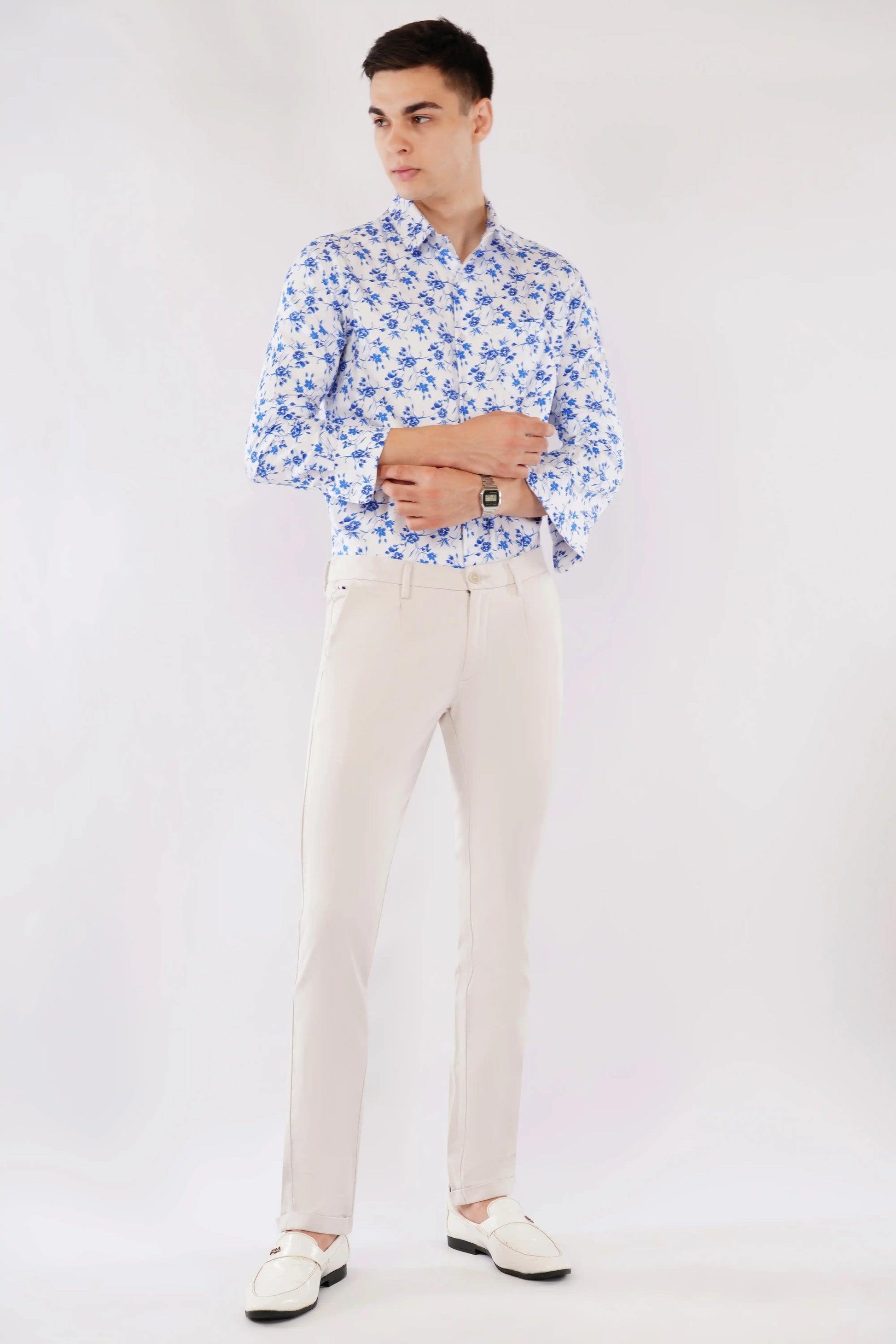 Olevorr Aelio premium blue floral printed slim fit full sleeve shirt — styled look