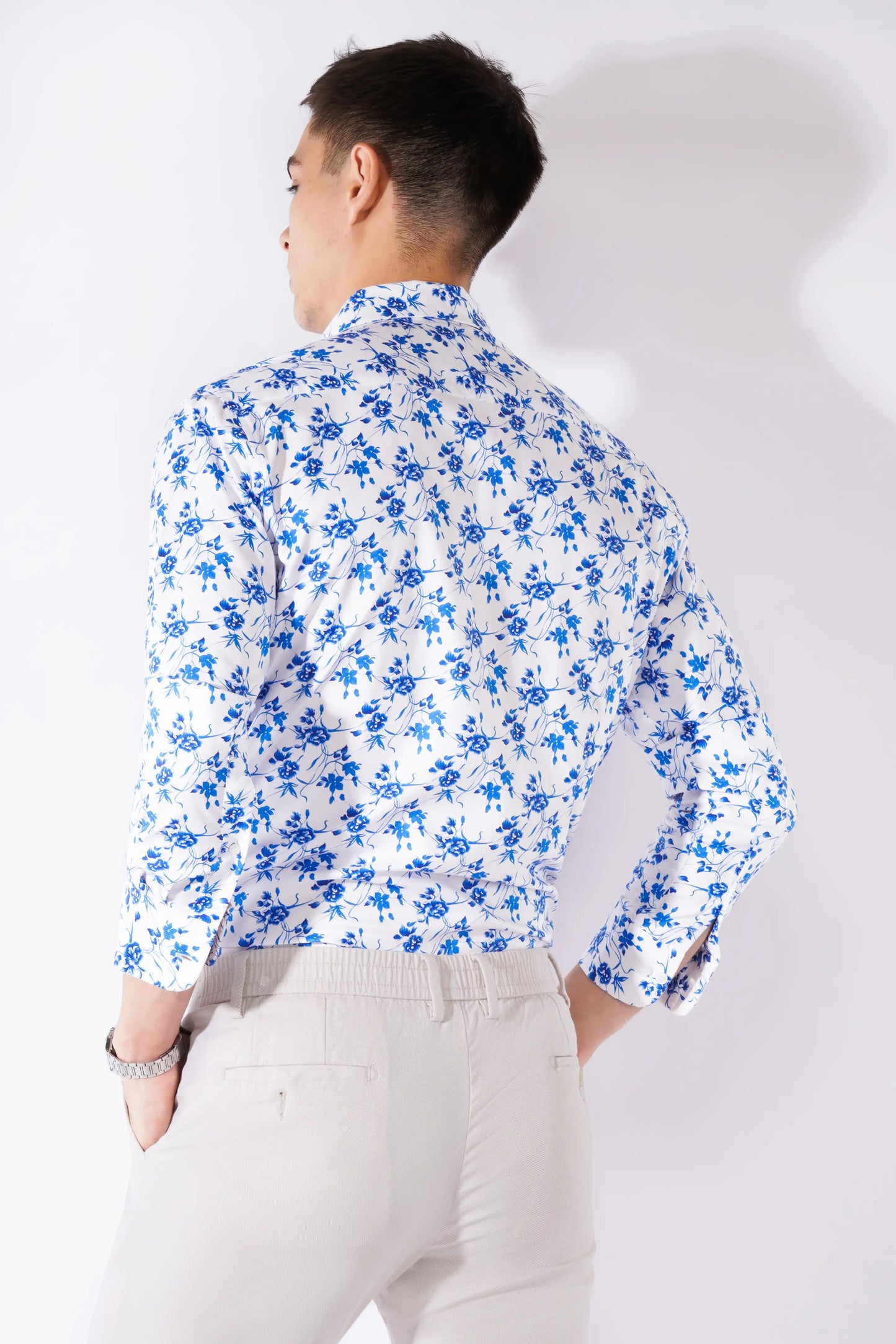 Blue floral slim fit full sleeve printed shirt for men — Olevorr Aelio back view