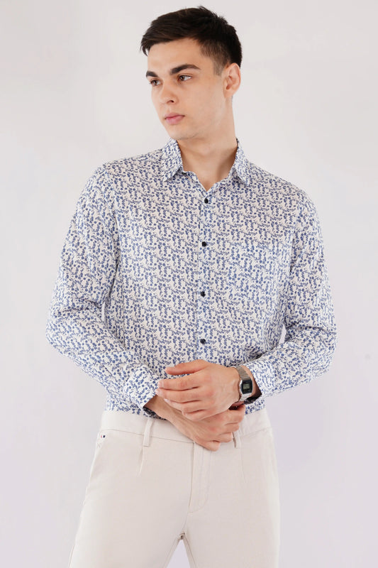 RAFFO - BLUE POPLIN SLIM FIT PRINTED FULL SLEEVE SHIRT