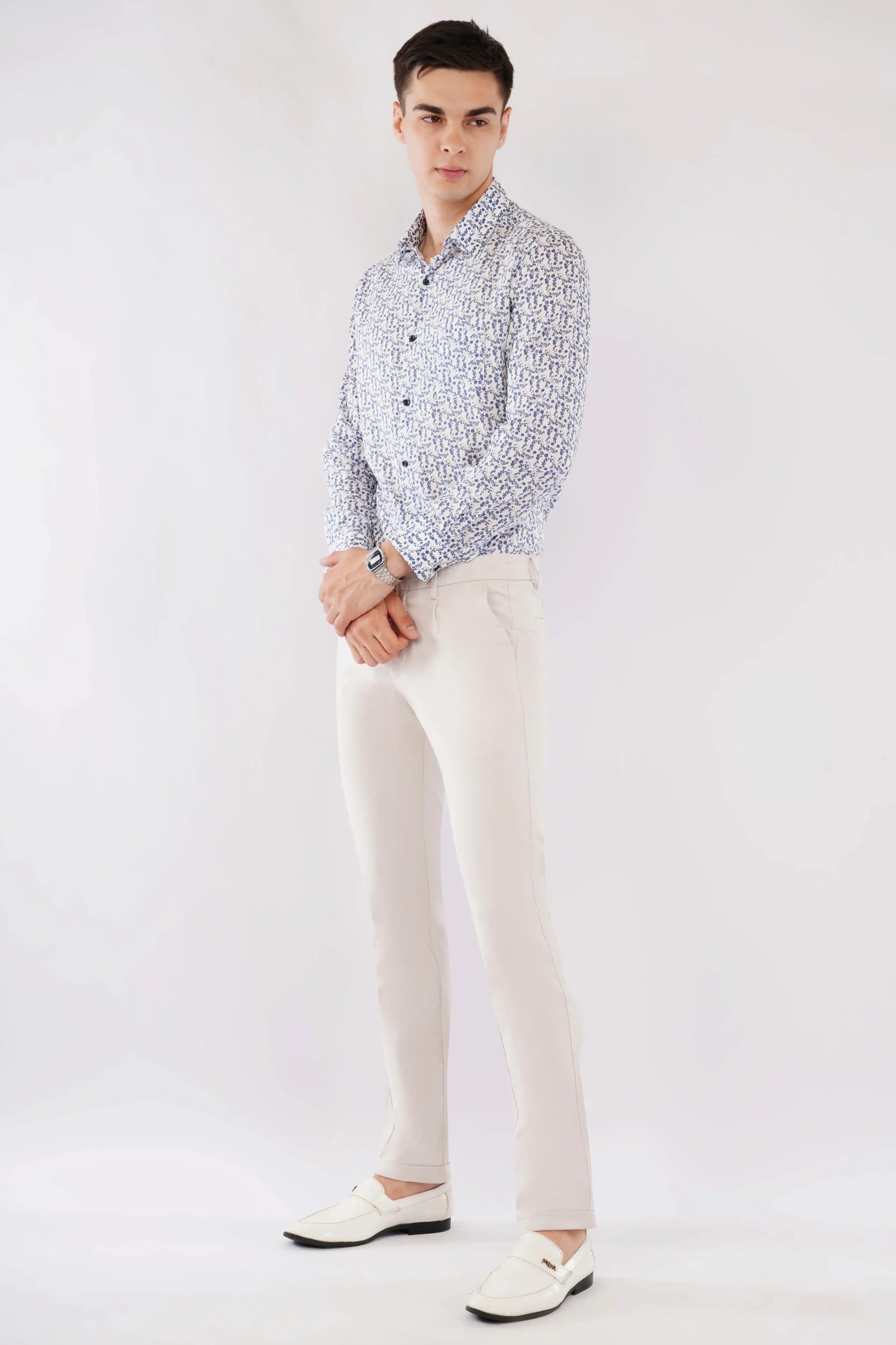 Olevorr Raffo stylish slim fit blue printed full sleeve shirt — left view