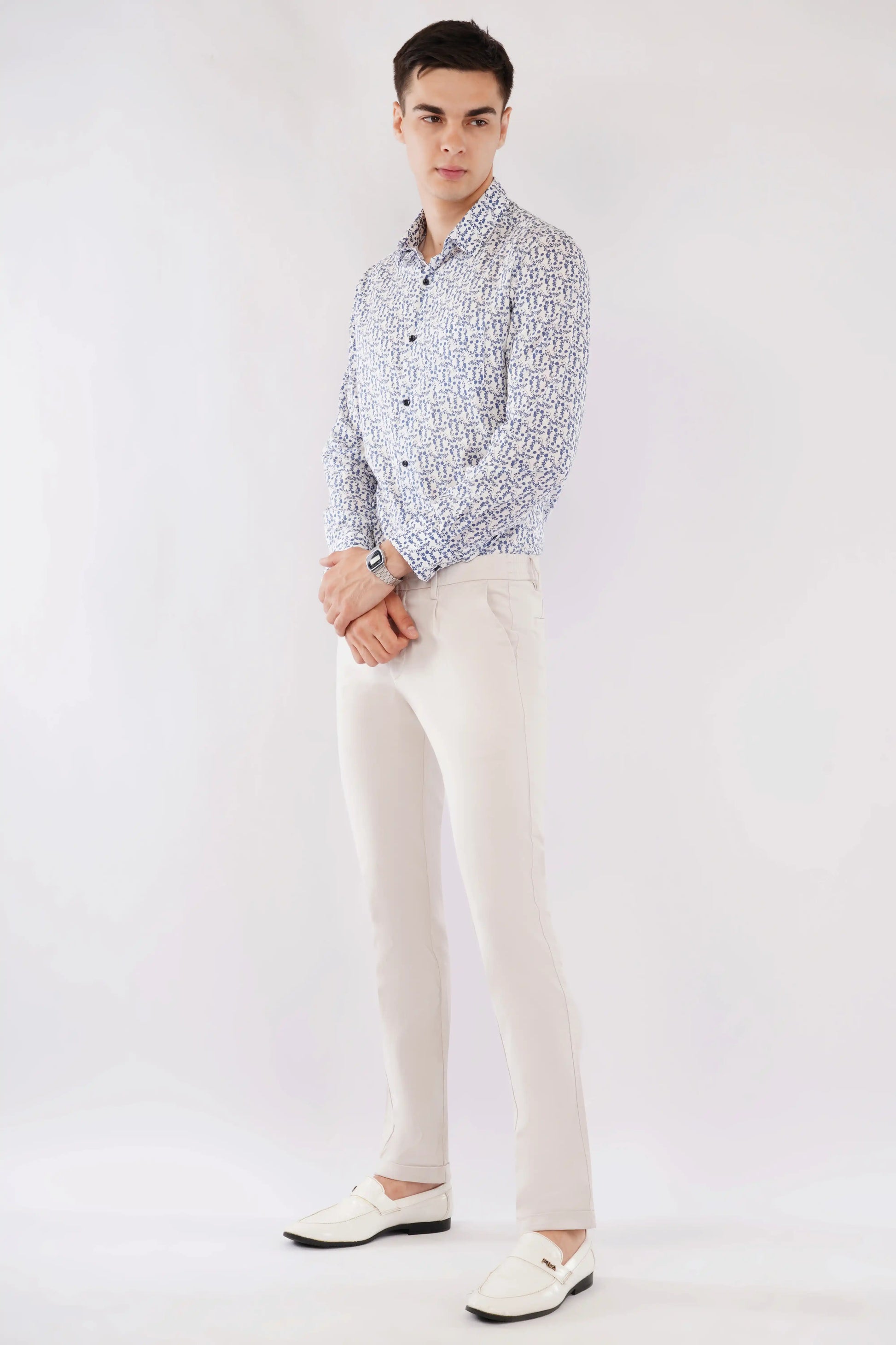 Olevorr Raffo stylish slim fit blue printed full sleeve shirt — left view