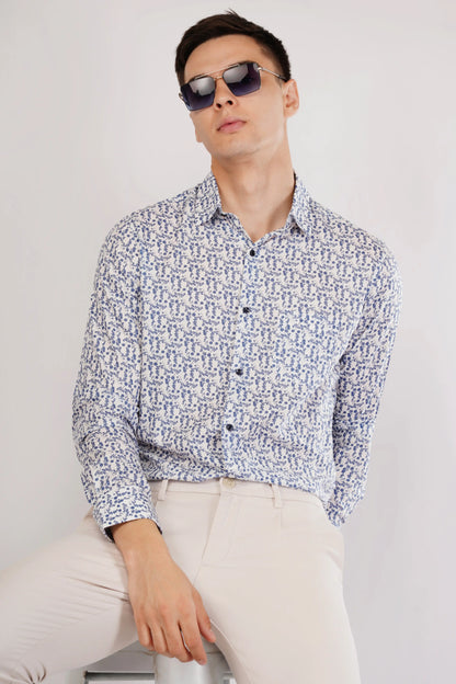 Olevorr Raffo blue poplin slim fit printed full sleeve shirt — front view