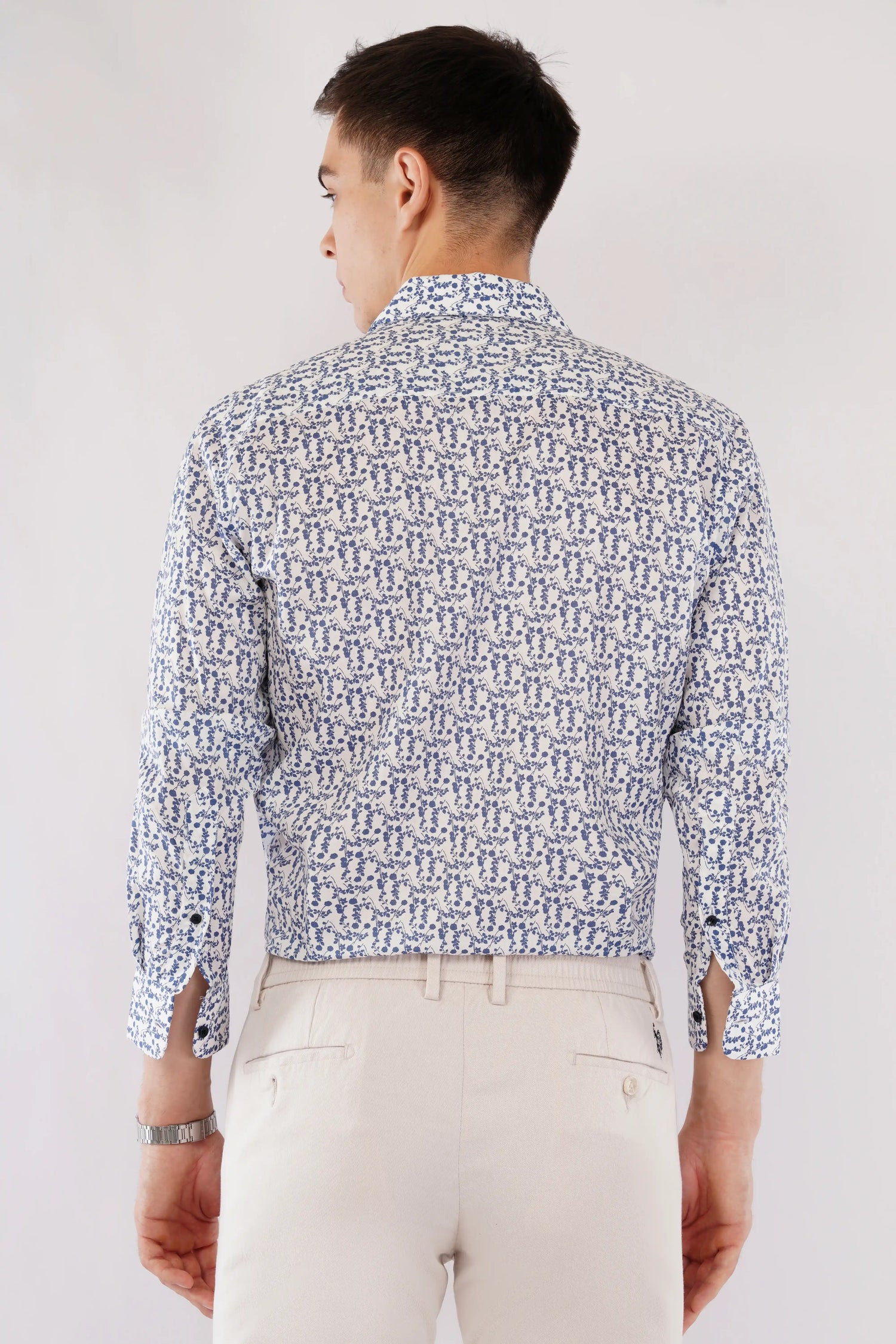 Blue poplin slim fit full sleeve printed shirt for men — Olevorr Raffo back view
