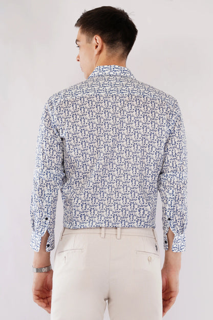 Blue poplin slim fit full sleeve printed shirt for men — Olevorr Raffo back view