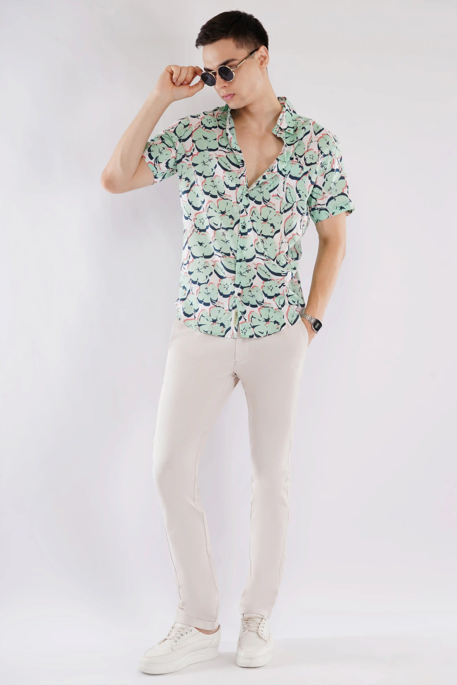 Olevorr Ellis premium green slim fit printed half sleeve shirt — styled look