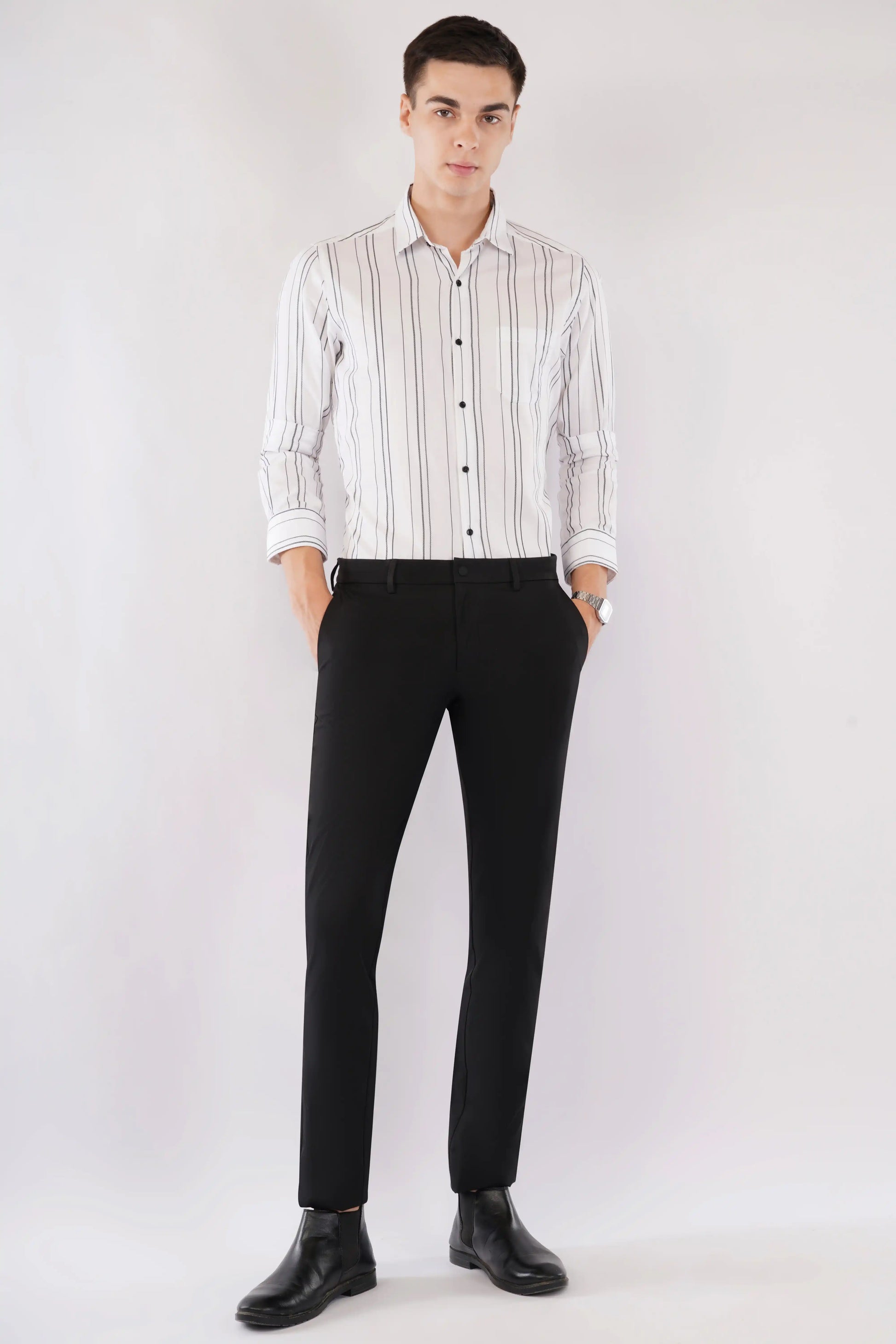 Classic white with black stripe slim fit full sleeve men’s shirt — Olevorr Vance