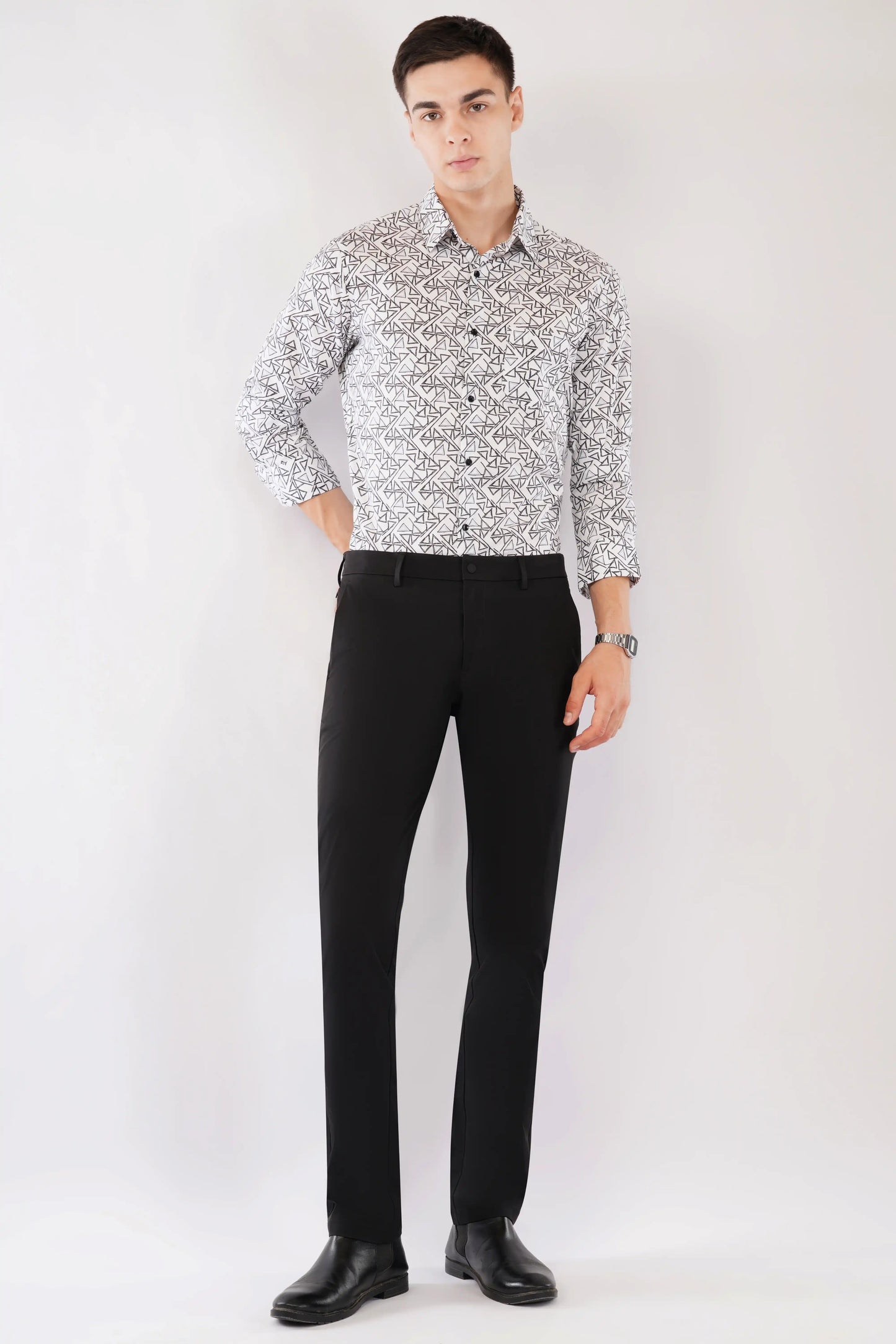 Olevorr Kade black slim fit geometric print shirt — styled look
