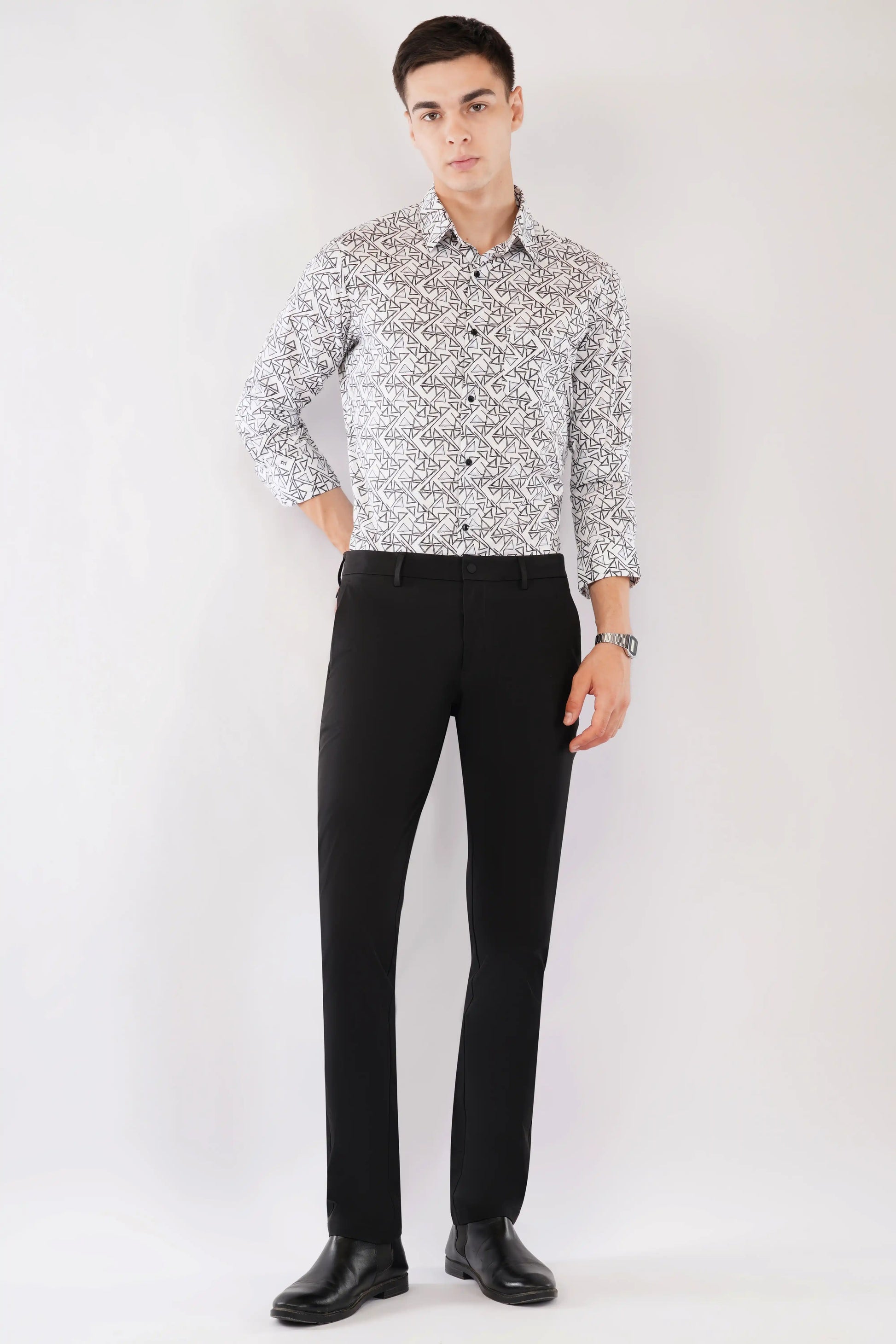 Olevorr Kade black slim fit geometric print shirt — styled look