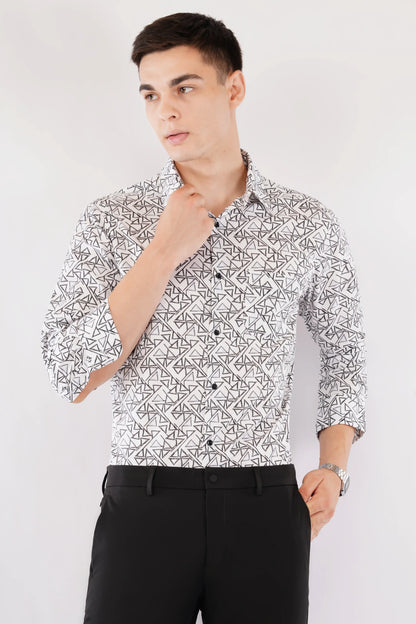 Olevorr Kade black geometric print slim fit full sleeve shirt — front view