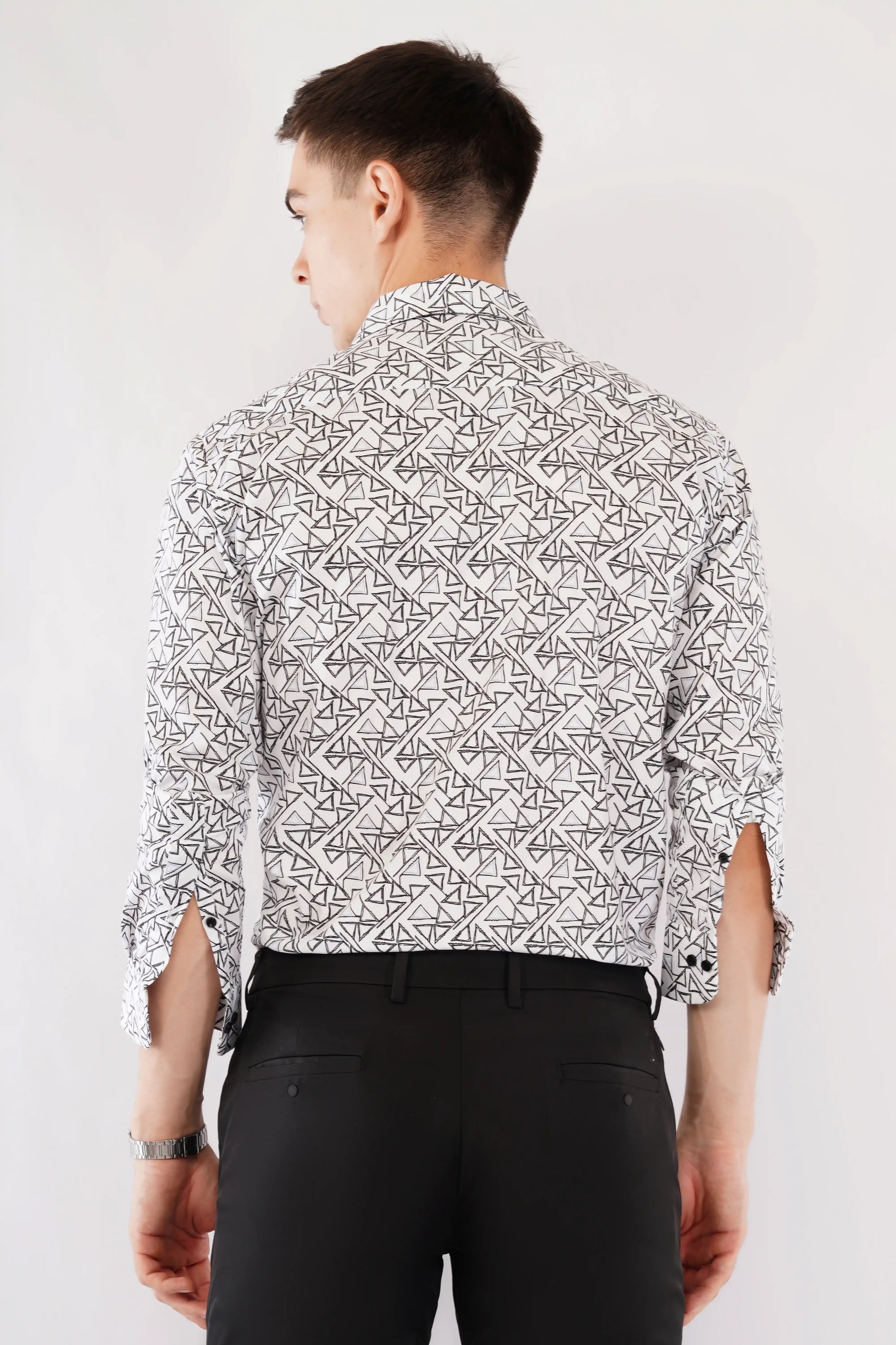 Black geometric print slim fit full sleeve men’s shirt by Olevorr — back view