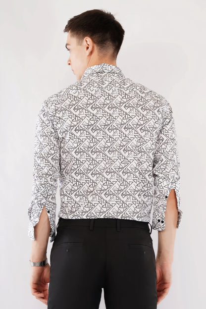 Black geometric print slim fit full sleeve men’s shirt by Olevorr — back view