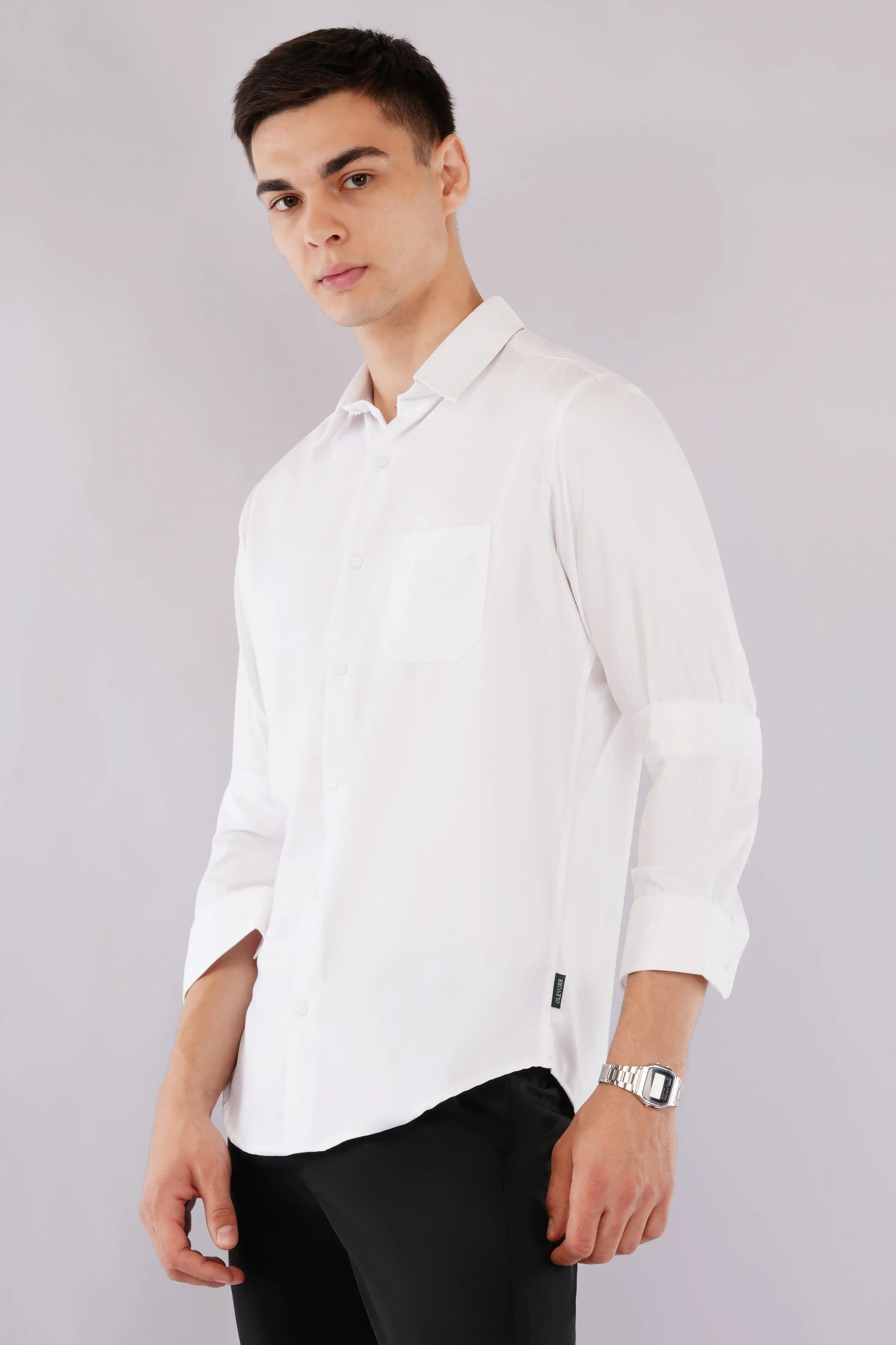 Olevorr Eamon silky white striped slim fit full sleeve shirt — open