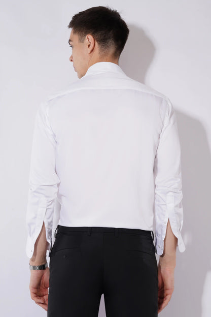 Silky white striped slim fit full sleeve men’s shirt by Olevorr — back view