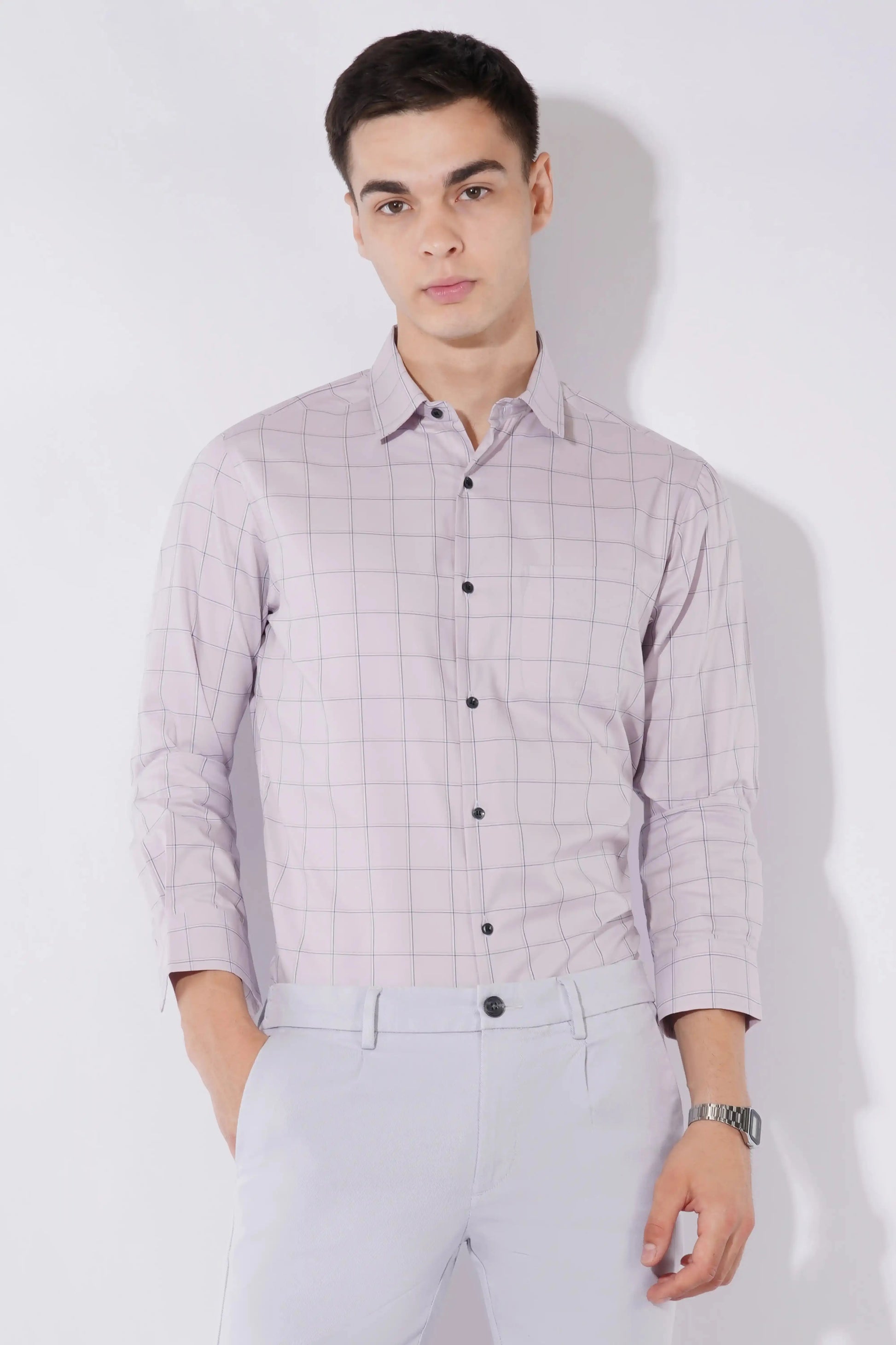 Olevorr Blaine lotus beige cotton slim fit full sleeve shirt — front view